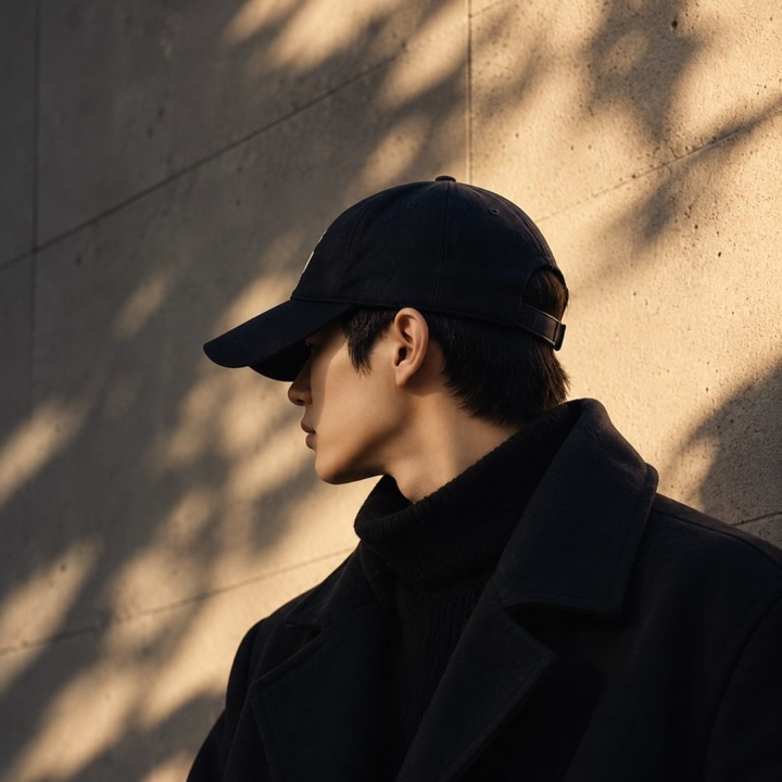 벽에 드리운 나뭇잎 그림자 앞, 검은 모자를 쓴 B의 옆모습